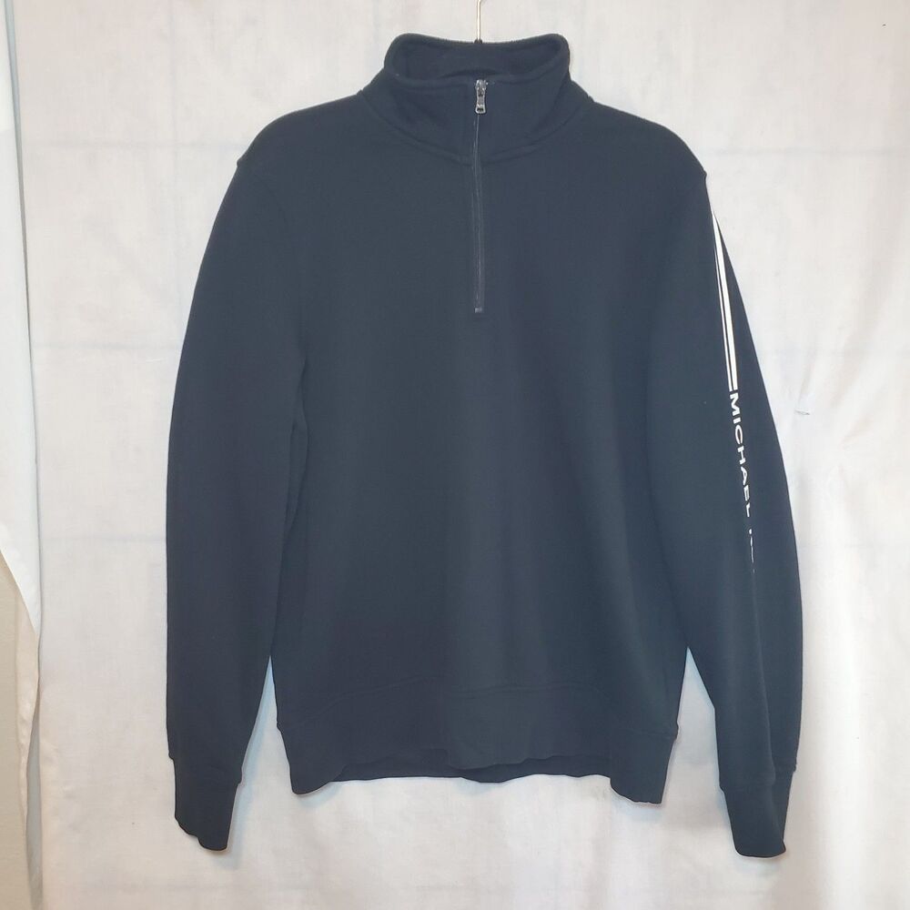 MK Michael Kors Logo Sleeve Cotton 1/4 Zip Pull Over Sweatshirt Black Mens Sz L
